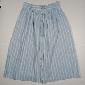 Blue White Stripe Button Down Cotton Vtg A Line Skirt Pockets Knee Modest Sz 16